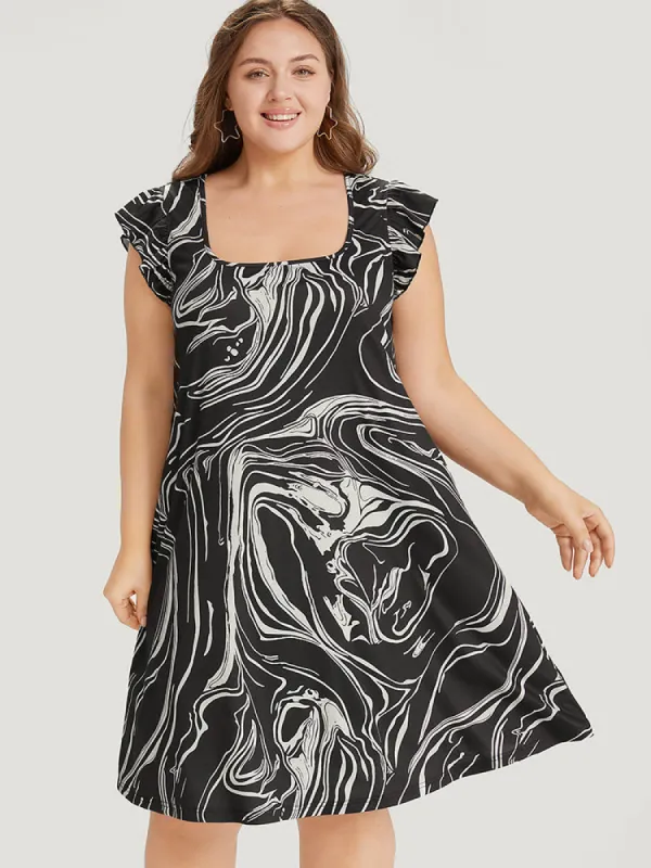 Marble Pocket Ruffle Cap Sleeve Square Neck Dress sold by Bloomchic