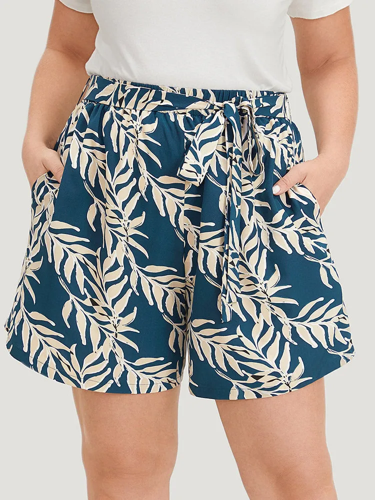 Tropical Plants Print Contrast Pocket Belted Shorts sold by Bloomchic