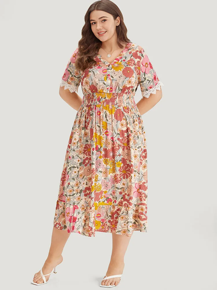 Floral Patchwork Button Detail Lace Trim Shirred Dress sold by Bloomchic product image thumbnail 4