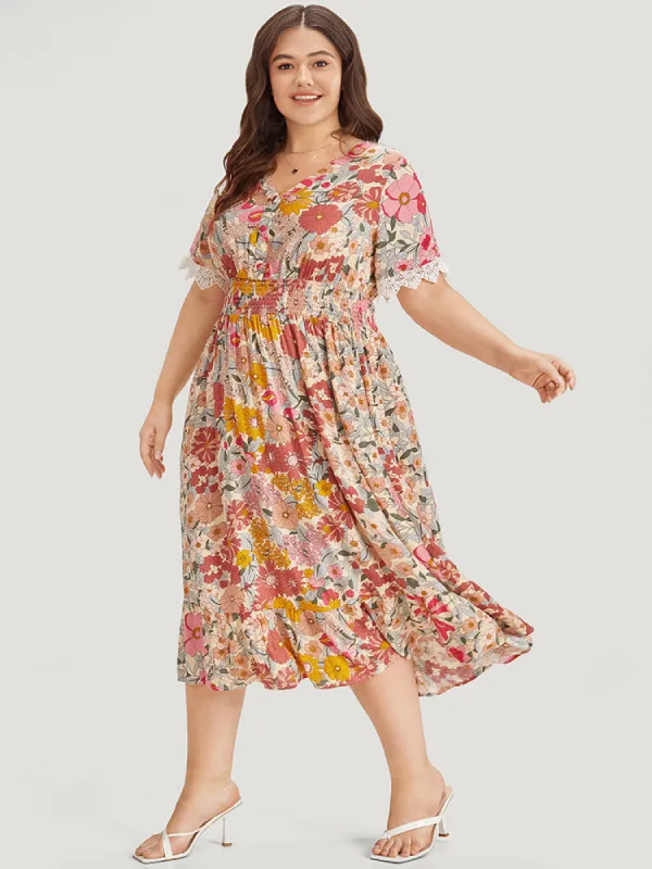 Floral Patchwork Button Detail Lace Trim Shirred Dress sold by Bloomchic