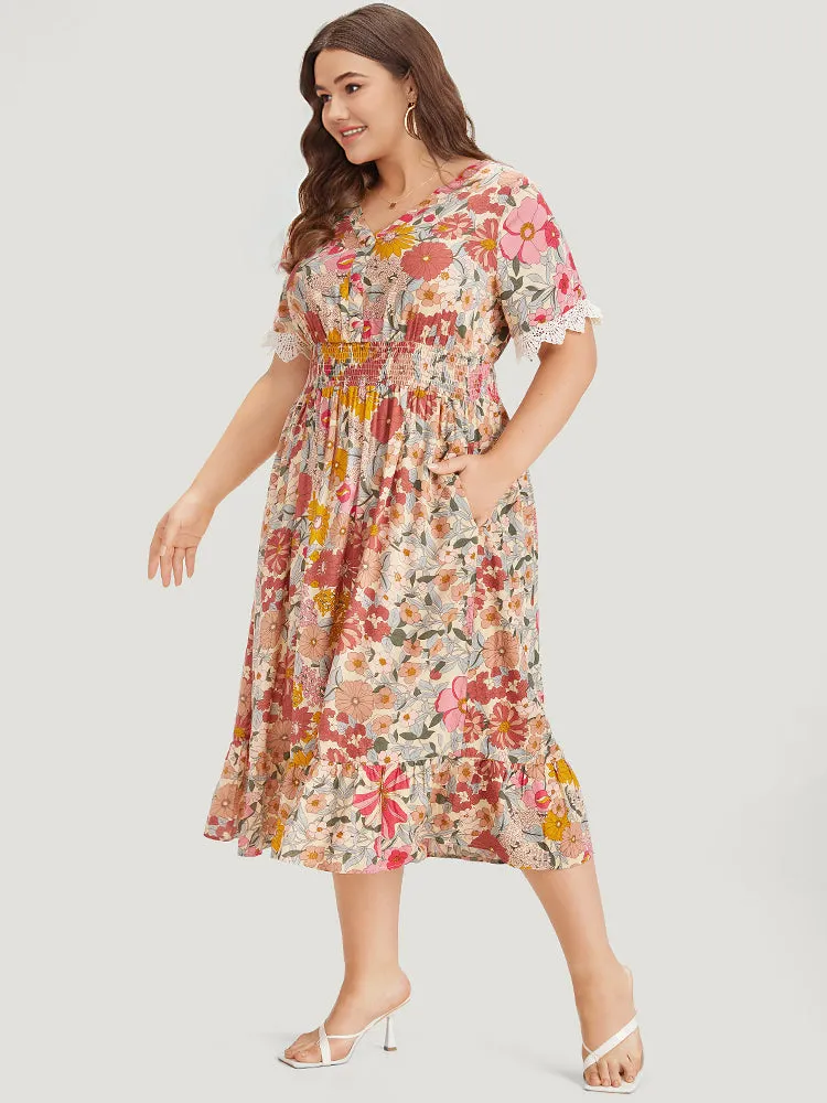 Floral Patchwork Button Detail Lace Trim Shirred Dress sold by Bloomchic product image thumbnail 5