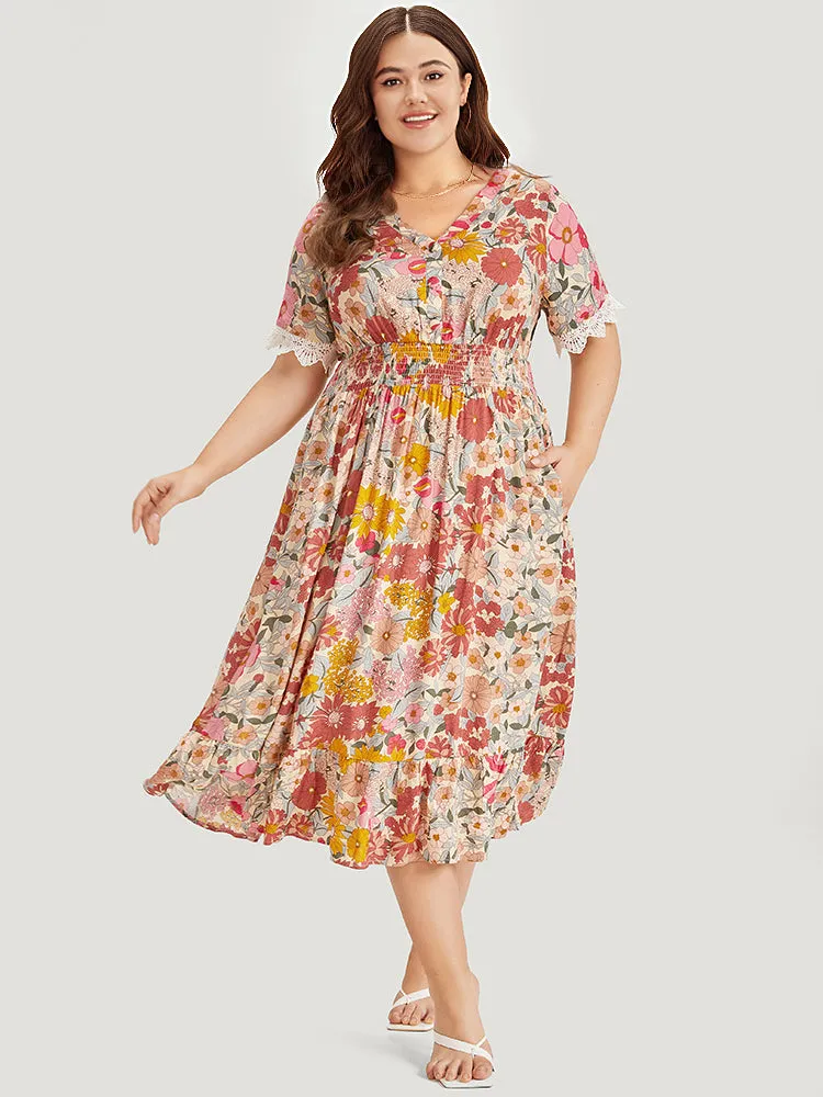 Floral Patchwork Button Detail Lace Trim Shirred Dress sold by Bloomchic product image thumbnail 2