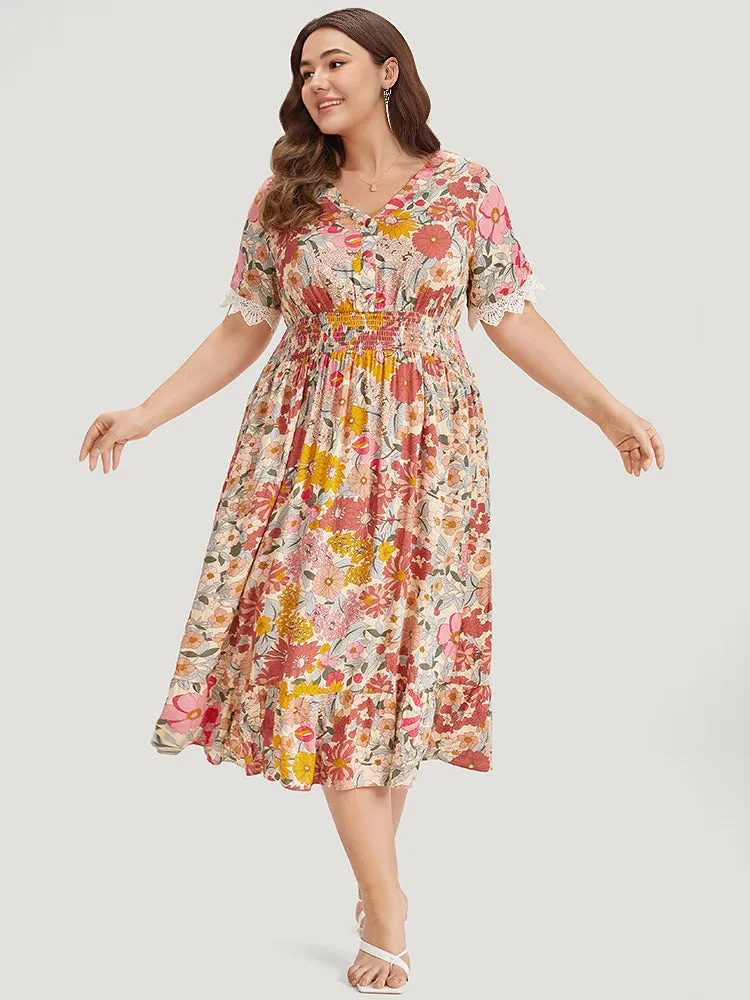 Floral Patchwork Button Detail Lace Trim Shirred Dress sold by Bloomchic product image thumbnail 3