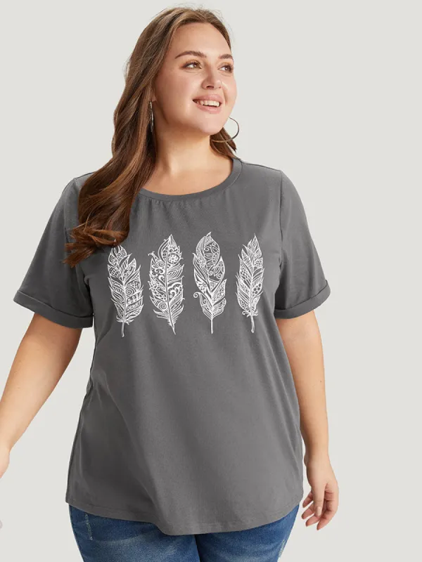 Feather Print Roll Sleeve T-shirt sold by Bloomchic