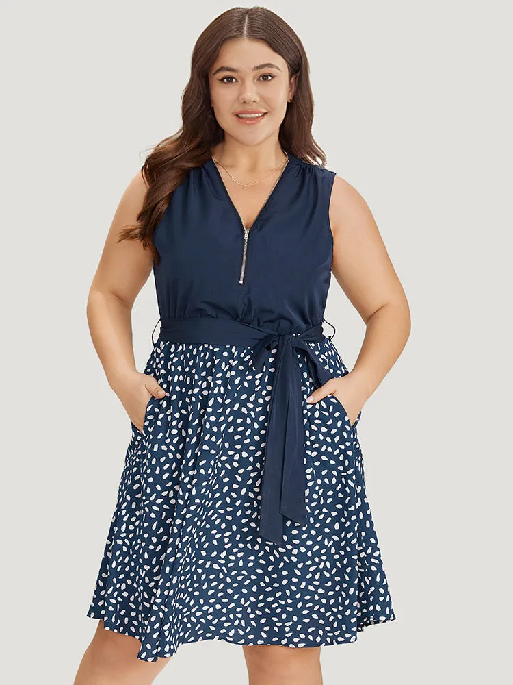 Polka Dot Patchwork Zip Belted Pocket Sleeveless Dress sold by Bloomchic