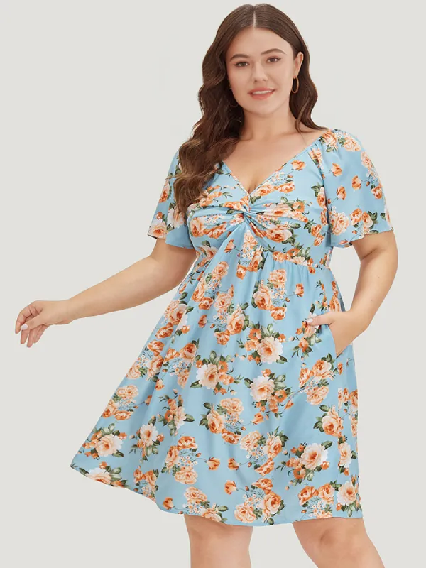 Floral Print Twist Front Ruffle Sleeve Ruffles Dress sold by Bloomchic