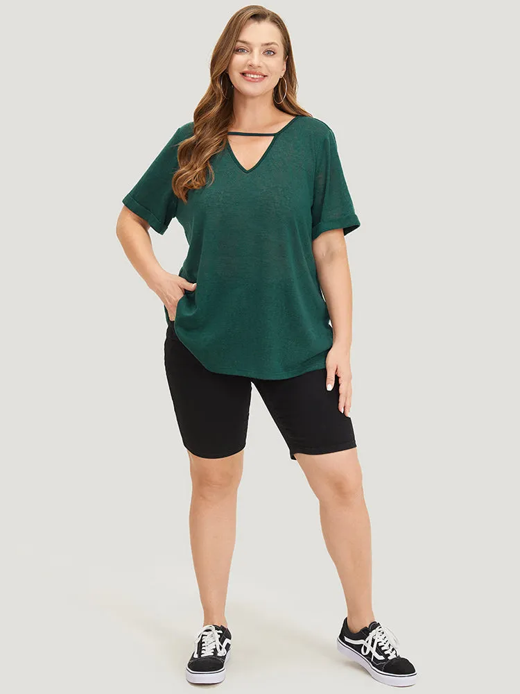 Solid Keyhole Mesh Cuffed Sleeve T-shirt sold by Bloomchic product image thumbnail 4