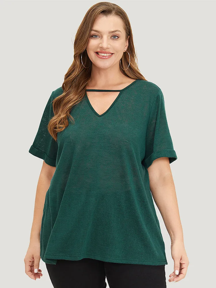 Solid Keyhole Mesh Cuffed Sleeve T-shirt sold by Bloomchic product image thumbnail 3