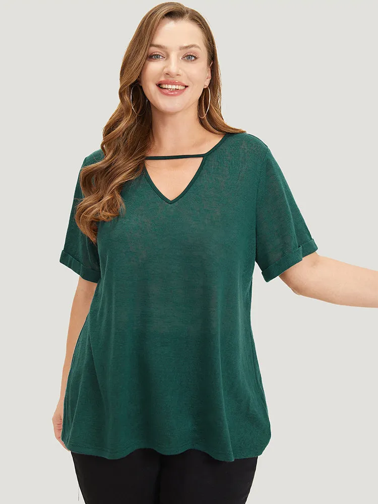 Solid Keyhole Mesh Cuffed Sleeve T-shirt sold by Bloomchic product image thumbnail 2