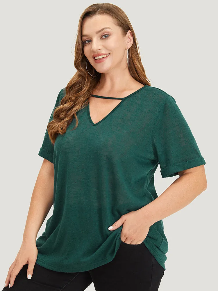Solid Keyhole Mesh Cuffed Sleeve T-shirt sold by Bloomchic product image thumbnail 5