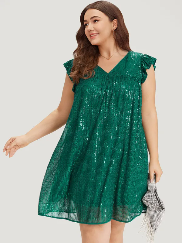 Sequin Mesh Pocket Cap Sleeve Ruffle Trim Dress sold by Bloomchic