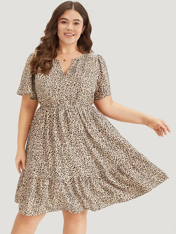 Leopard Notched Pocket Gathered Ruffle Layered Hem Dress sold by Bloomchic