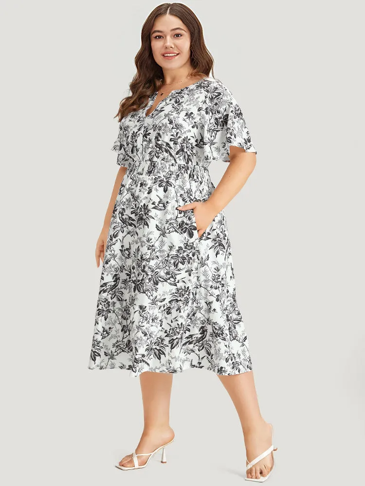 Silhouette Floral Print Shirred Notched Pocket Ruffles Dress sold by Bloomchic product image thumbnail 5