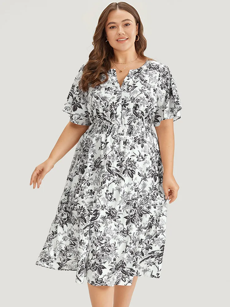 Silhouette Floral Print Shirred Notched Pocket Ruffles Dress sold by Bloomchic product image thumbnail 2