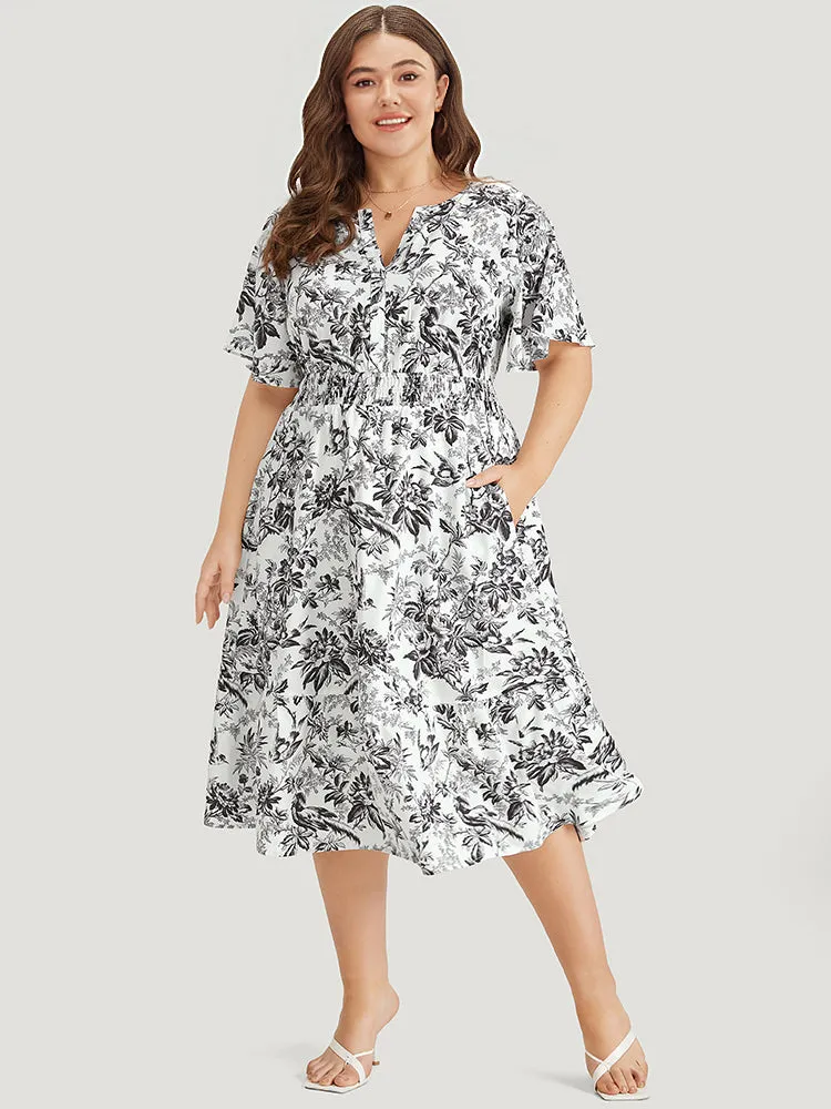 Silhouette Floral Print Shirred Notched Pocket Ruffles Dress sold by Bloomchic product image thumbnail 3