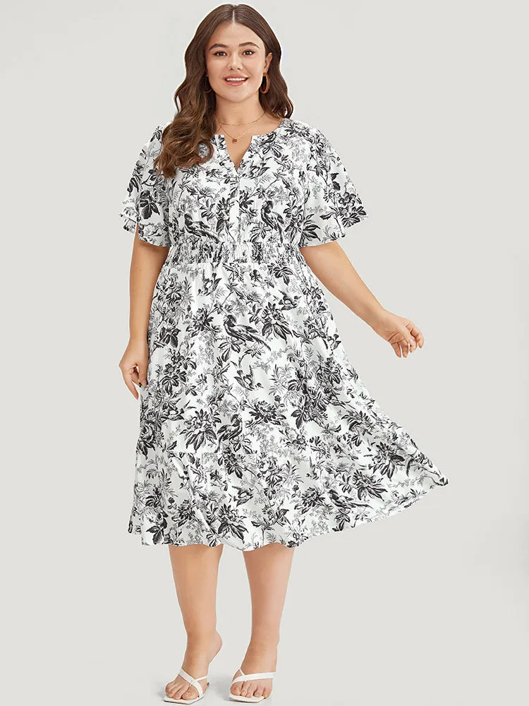 Silhouette Floral Print Shirred Notched Pocket Ruffles Dress sold by Bloomchic product image thumbnail 4