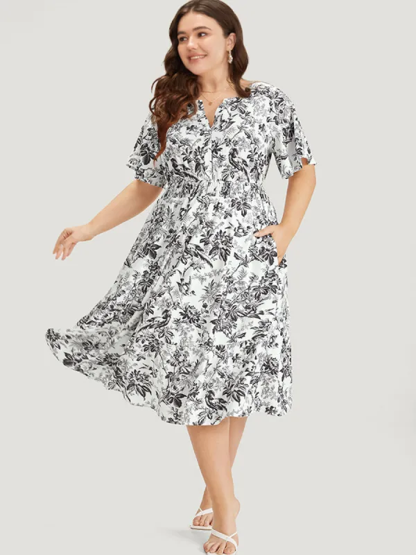 Silhouette Floral Print Shirred Notched Pocket Ruffles Dress sold by Bloomchic