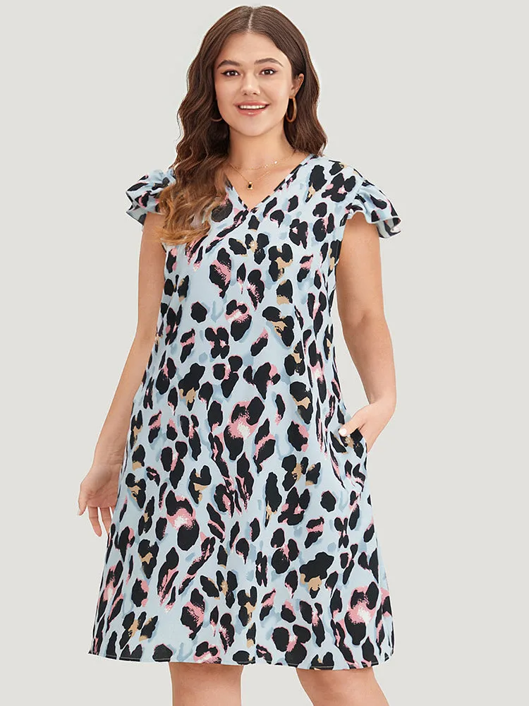 Colour Leopard Print Pocket Ruffle Cap Sleeve Dress sold by Bloomchic