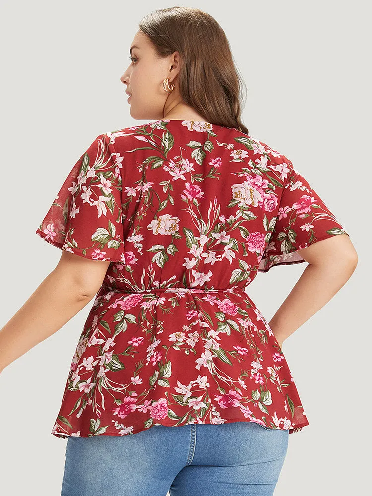 Floral Wrap Ruffle Sleeve Ties Blouse sold by Bloomchic product image thumbnail 2