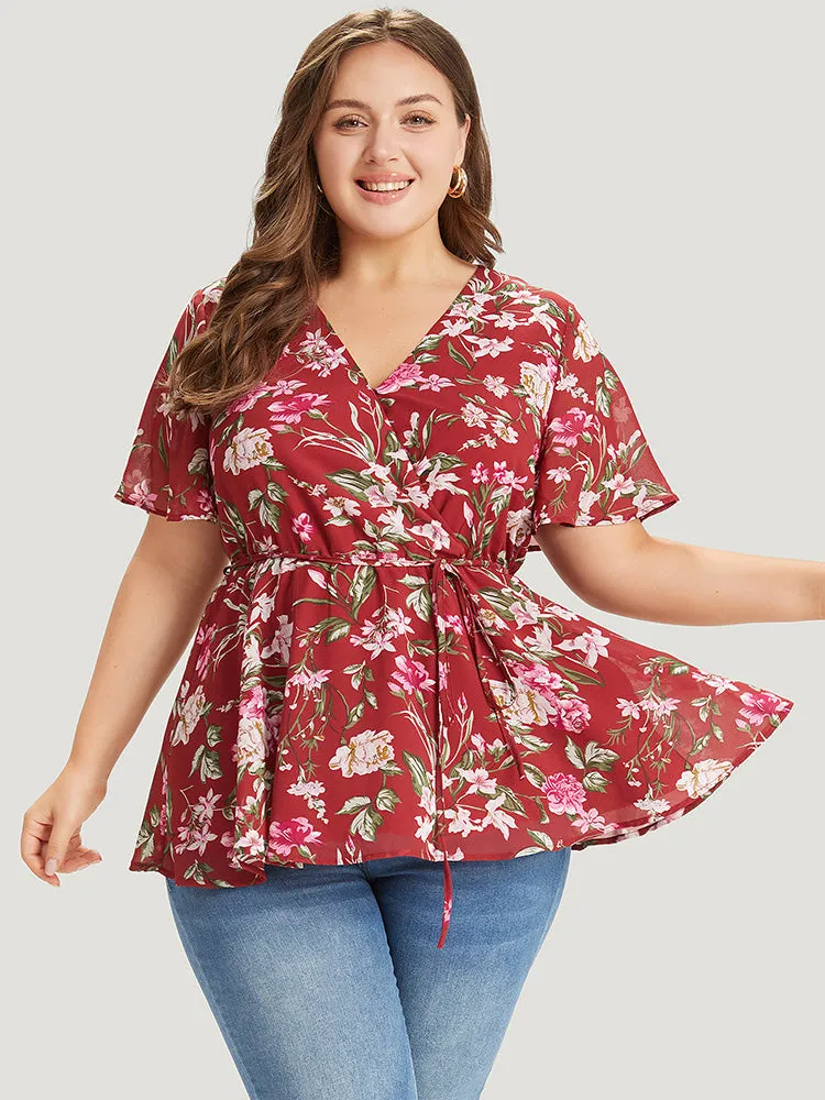 Floral Wrap Ruffle Sleeve Ties Blouse sold by Bloomchic