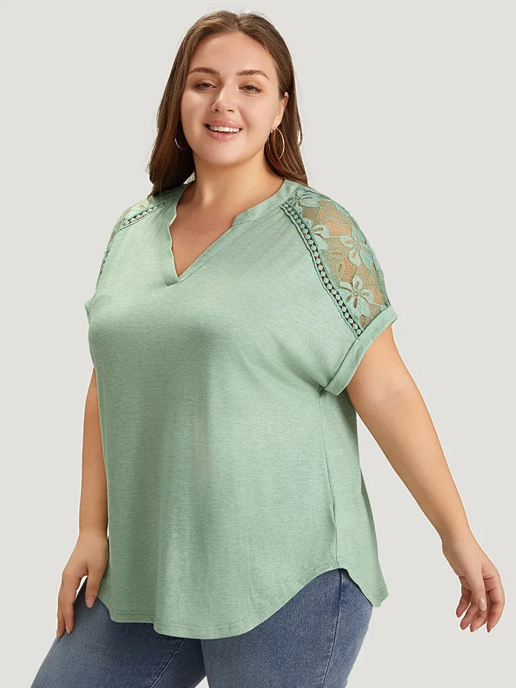 Plain Guipure Lace Notched Roll Batwing Sleeve T-shirt sold by Bloomchic product image thumbnail 4