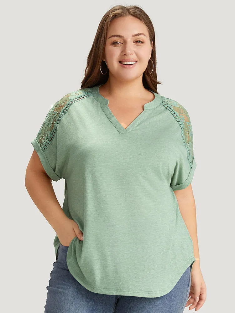 Plain Guipure Lace Notched Roll Batwing Sleeve T-shirt sold by Bloomchic