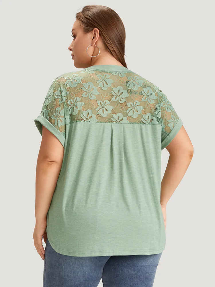 Plain Guipure Lace Notched Roll Batwing Sleeve T-shirt sold by Bloomchic product image thumbnail 2