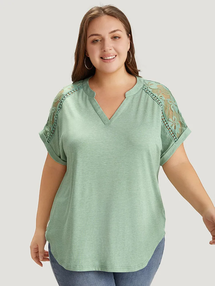 Plain Guipure Lace Notched Roll Batwing Sleeve T-shirt sold by Bloomchic product image thumbnail 3