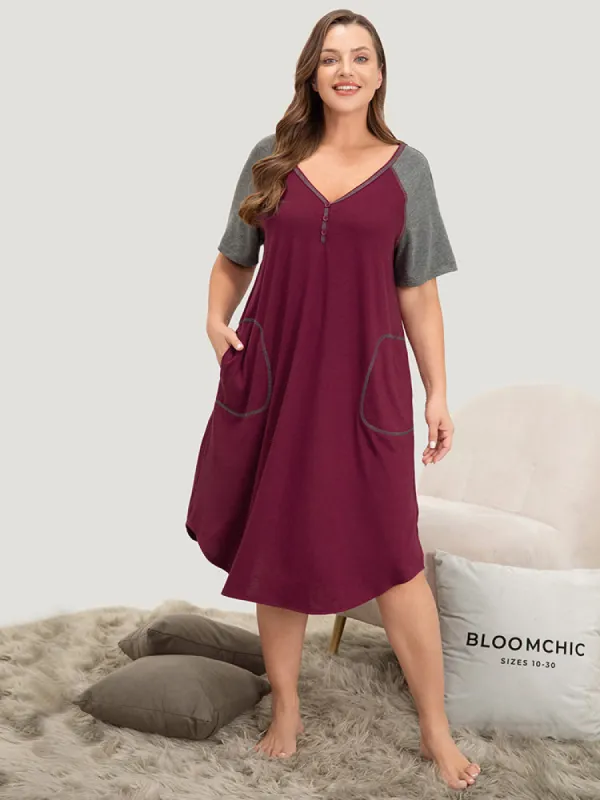 Contrast Patchwork Pocket Stitch Raglan Sleeve Night Dress sold by Bloomchic