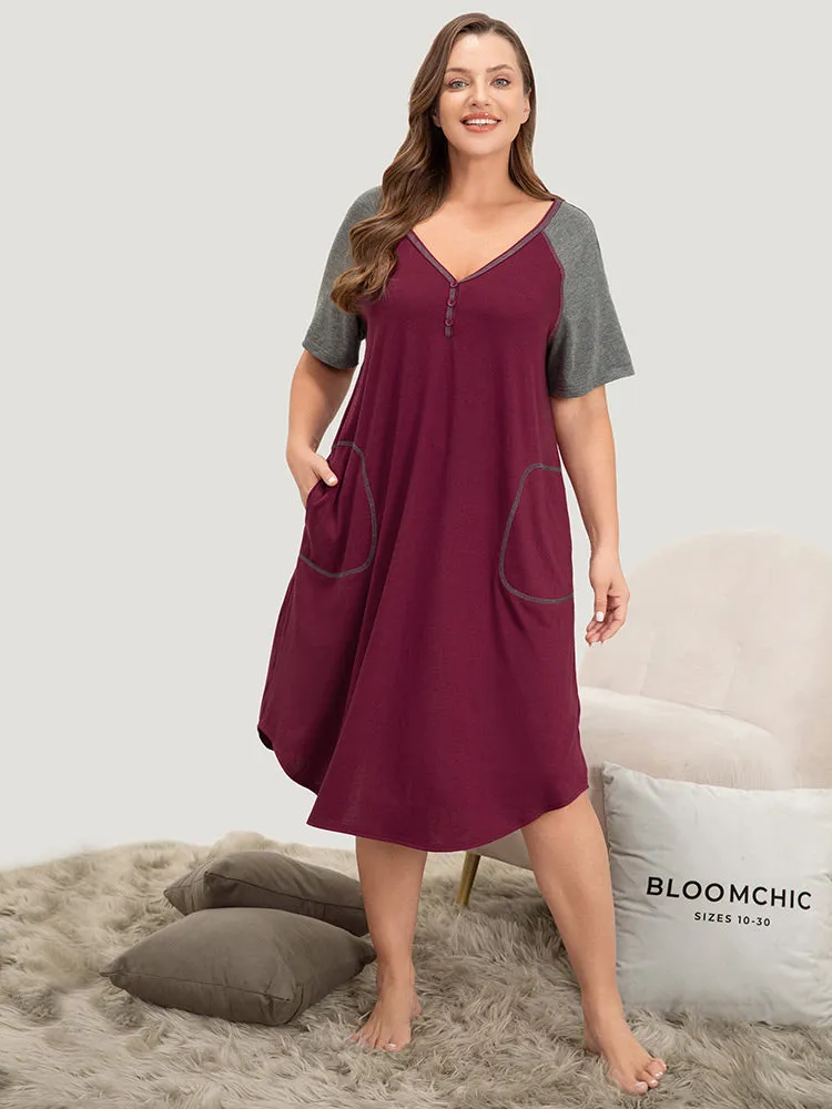 Contrast Patchwork Pocket Stitch Raglan Sleeve Night Dress sold by Bloomchic