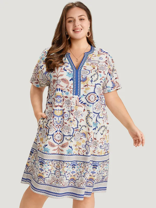 Boho Print Pocket Notched Ruffle Hem Dolman Sleeve Dress sold by Bloomchic
