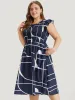 Geometric Pocket Flutter Sleeve Shirred Dress sold by Bloomchic