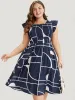 Geometric Pocket Flutter Sleeve Shirred Dress sold by Bloomchic