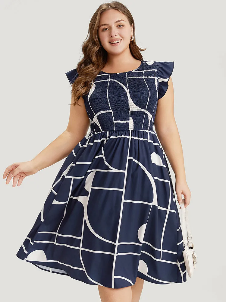 Geometric Pocket Flutter Sleeve Shirred Dress sold by Bloomchic product image thumbnail 2