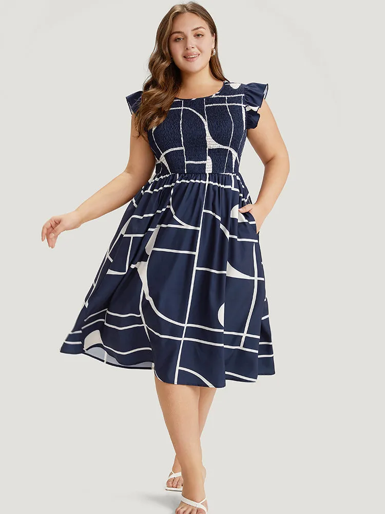 Geometric Pocket Flutter Sleeve Shirred Dress sold by Bloomchic product image thumbnail 3