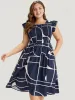 Geometric Pocket Flutter Sleeve Shirred Dress sold by Bloomchic