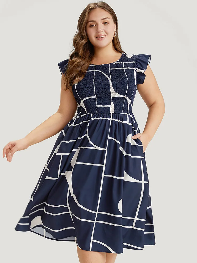 Geometric Pocket Flutter Sleeve Shirred Dress sold by Bloomchic product image thumbnail 4
