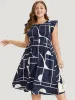 Geometric Pocket Flutter Sleeve Shirred Dress sold by Bloomchic