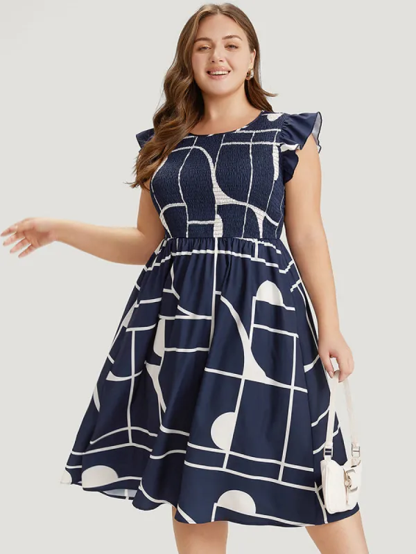 Geometric Pocket Flutter Sleeve Shirred Dress sold by Bloomchic