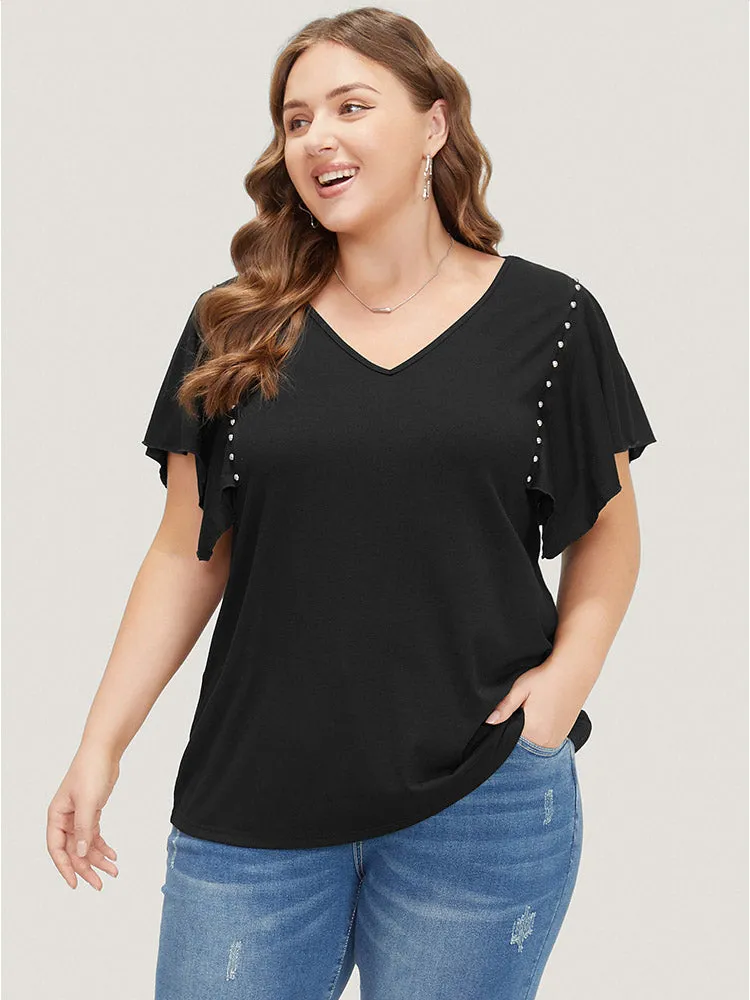 Plain Rivets Ruffle Sleeve T-shirt sold by Bloomchic
