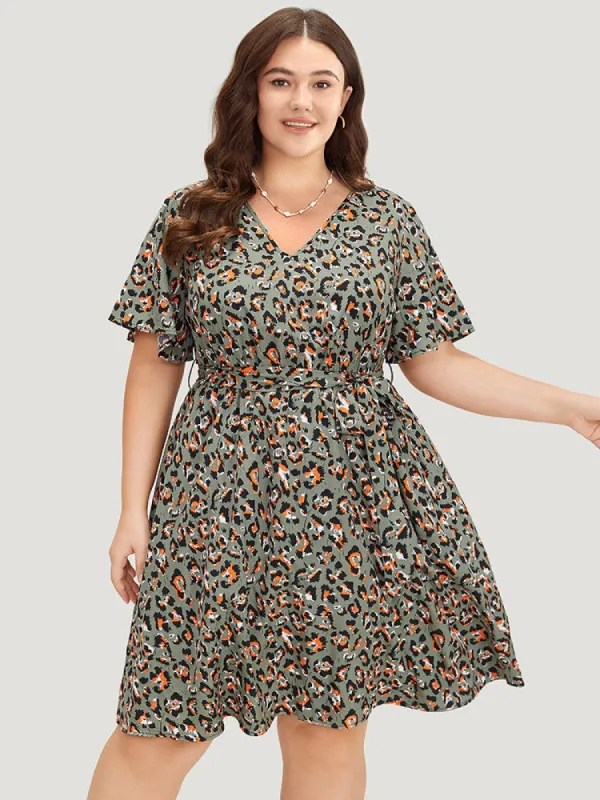 Colour Leopard Print Belted Ruffle Hem Pocket Dress sold by Bloomchic