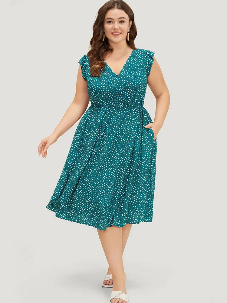 Leopard Wrap Ruffle Trim Pocket Cap Sleeve Dress sold by Bloomchic