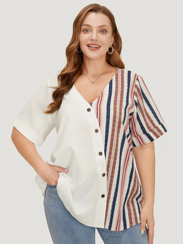 Striped Patchwork Roll Sleeve Button Detail Wrap Blouse sold by Bloomchic