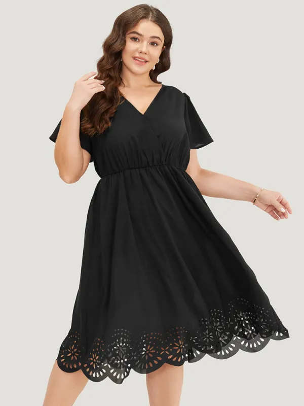 Plain Wrap Pocket Scalloped Trim Laser Cut Flutter Dress sold by Bloomchic