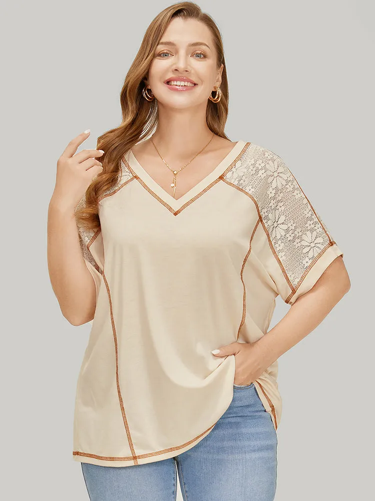 Floral Lace Insert Stitch Trim T-shirt sold by Bloomchic