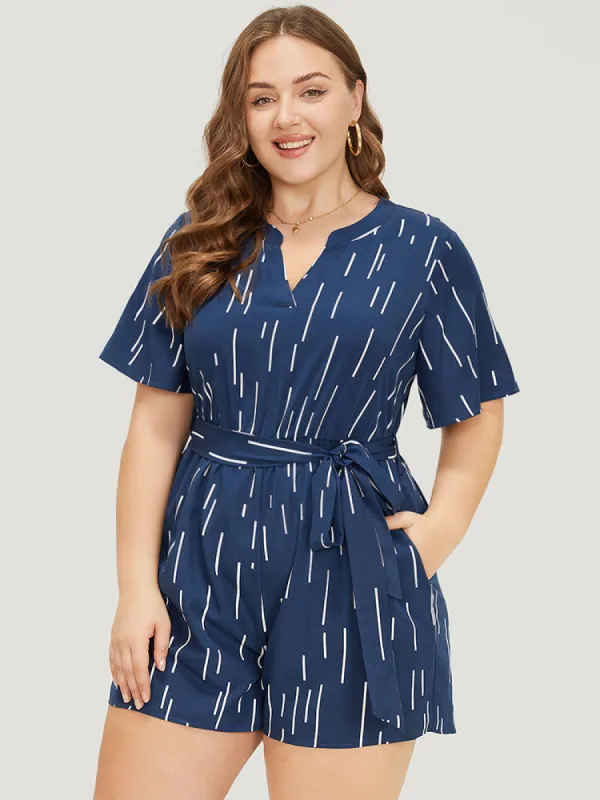 Geometric Print Belt Notched Neck Romper sold by Bloomchic