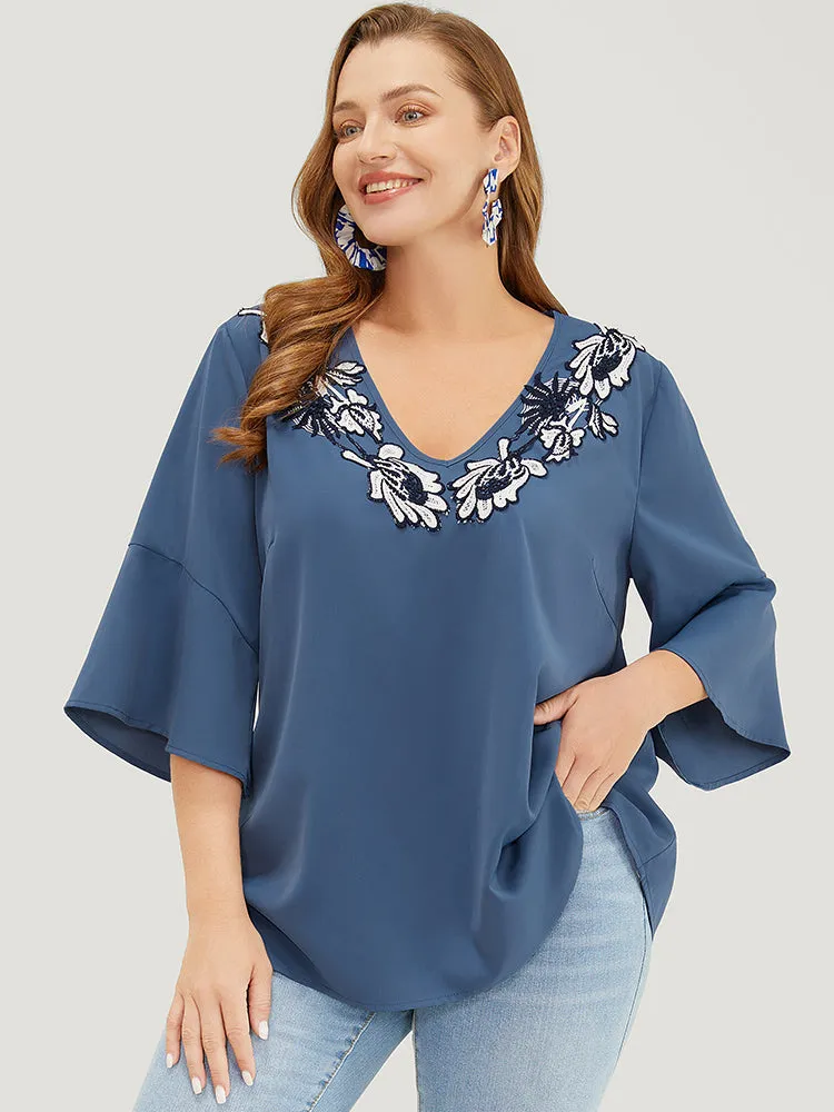 Floral Applique Bell Sleeve Blouse sold by Bloomchic