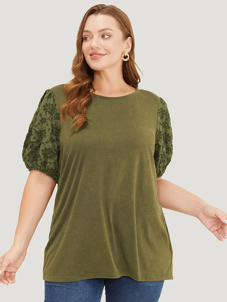 Solid Patchwork Broderie Anglaise Puff Sleeve Vintage T-shirt sold by Bloomchic product image thumbnail 3