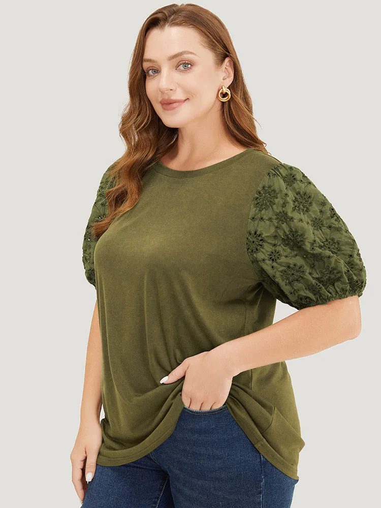 Solid Patchwork Broderie Anglaise Puff Sleeve Vintage T-shirt sold by Bloomchic product image thumbnail 5