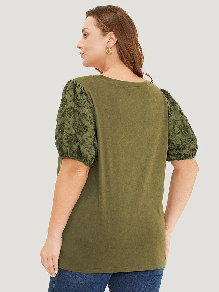 Solid Patchwork Broderie Anglaise Puff Sleeve Vintage T-shirt sold by Bloomchic product image thumbnail 2